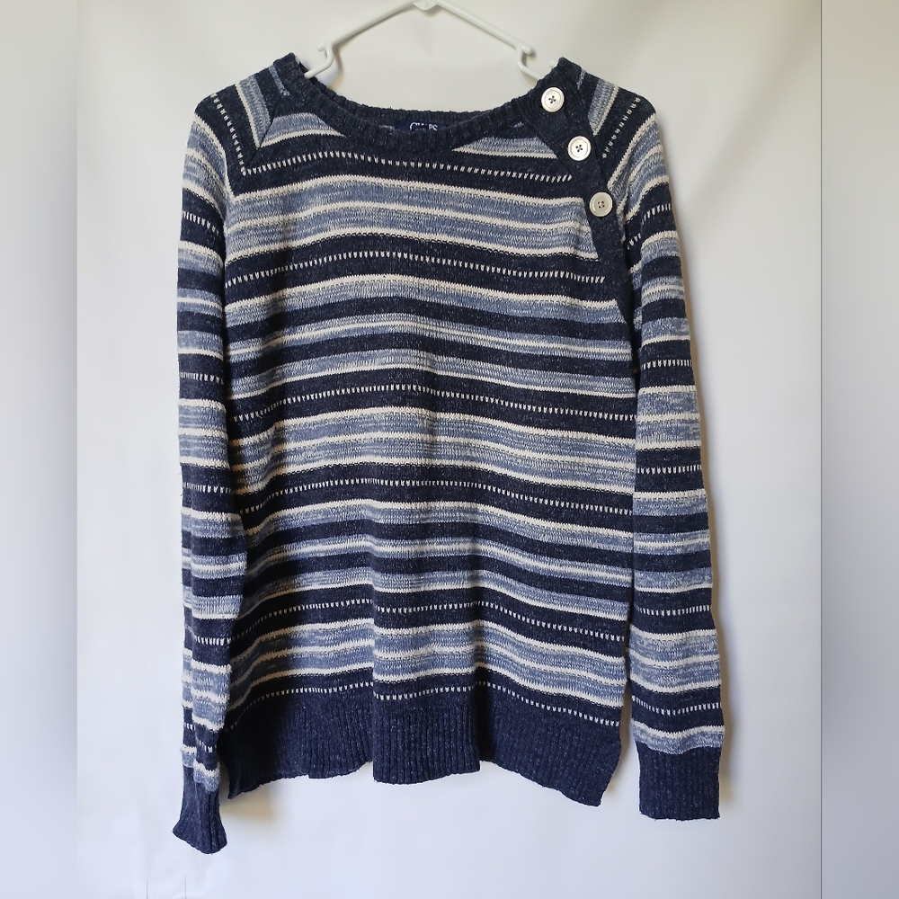 Chaps Womens Stripped 3 Button Shoulder Sweater L/G/G Light Blue/Navy/Cream